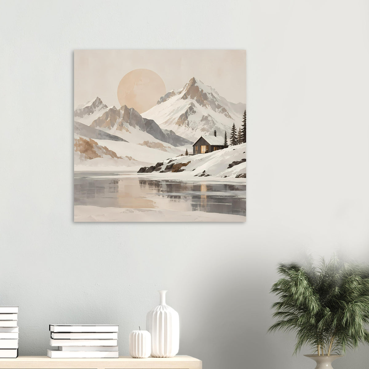 Wandposter mit Berglandschaft, See-Reflexion und kleinem Haus, in sanften Naturtönen