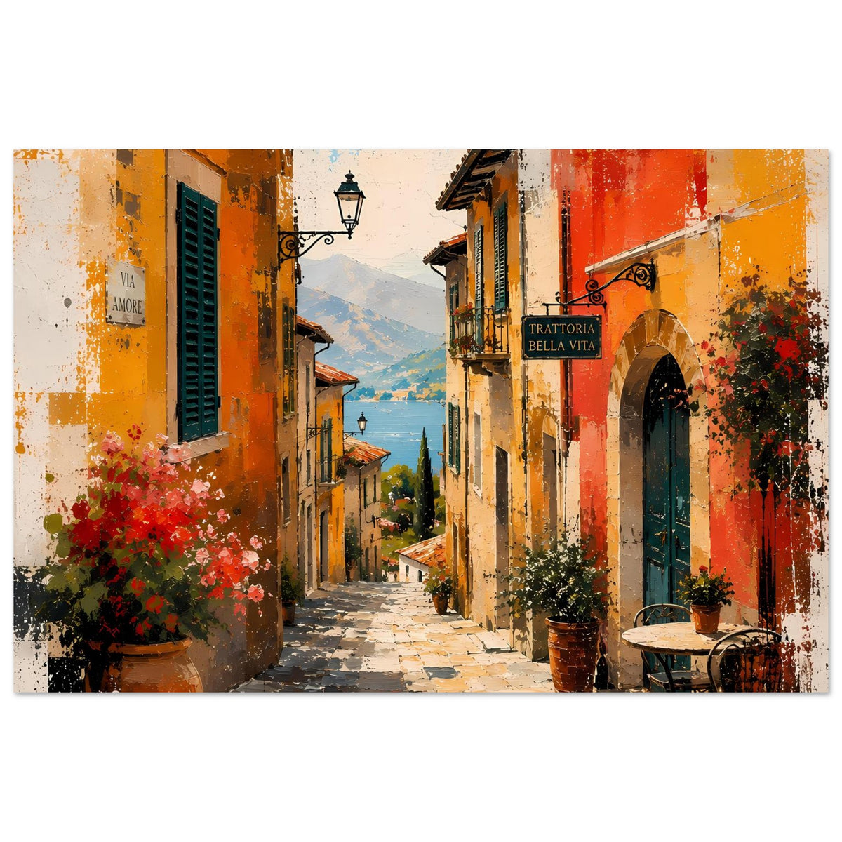 Kunstdruck-Poster mit italienischer Gasse, helle Fassaden, orange Akzente, Töpfe am Rand