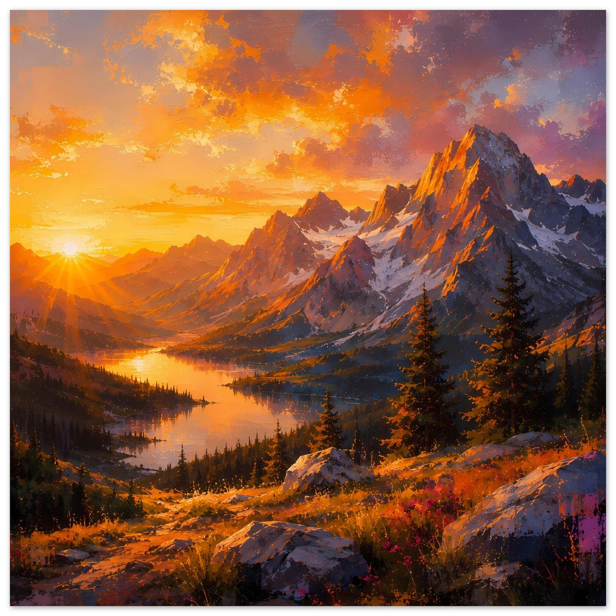 Querformat-Poster: Sonnenuntergang über Bergspitzen, Waldhang und ruhigem See