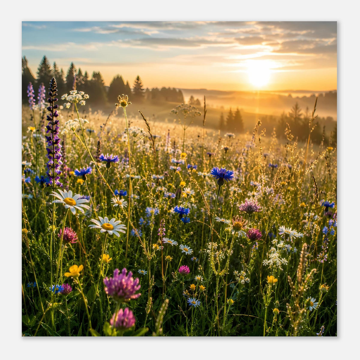 Horizontales Poster: Bunte Wildblumen im Sonnenlicht, Dunstschichten über der Landschaft.