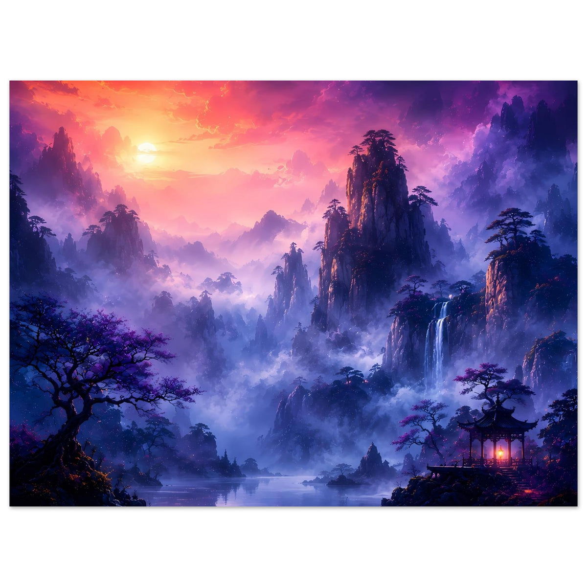Fantasy-Landschaftsposter mit See im Vordergrund, Nebelbergen und Wasserfall