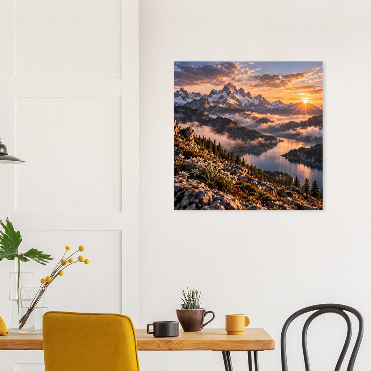 Quadratisches Poster mit Alpenpanorama, Sonnenuntergangssonne und See