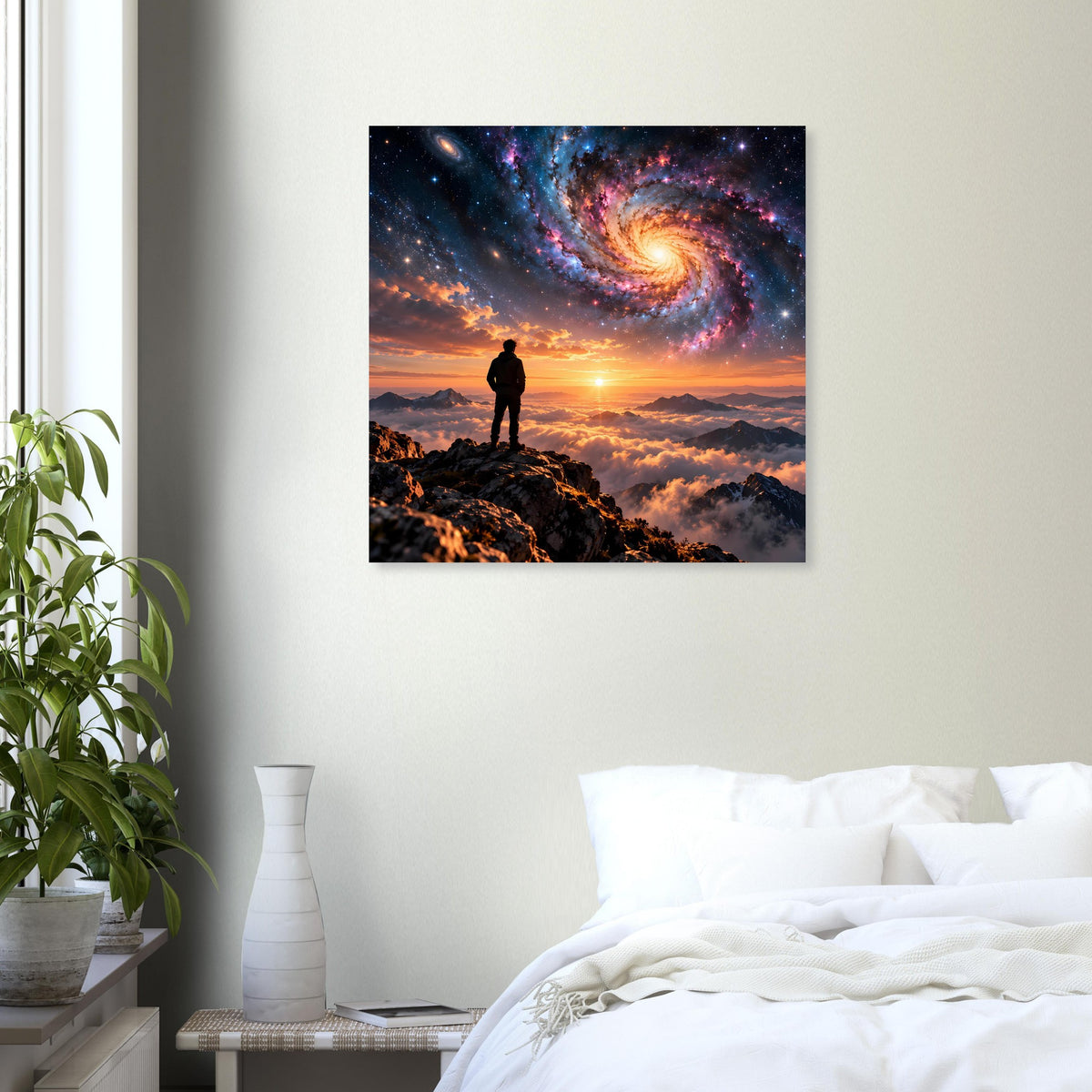 Poster mit Silhouette auf Gipfel bei Sonnenuntergang und Spiralgalaxie