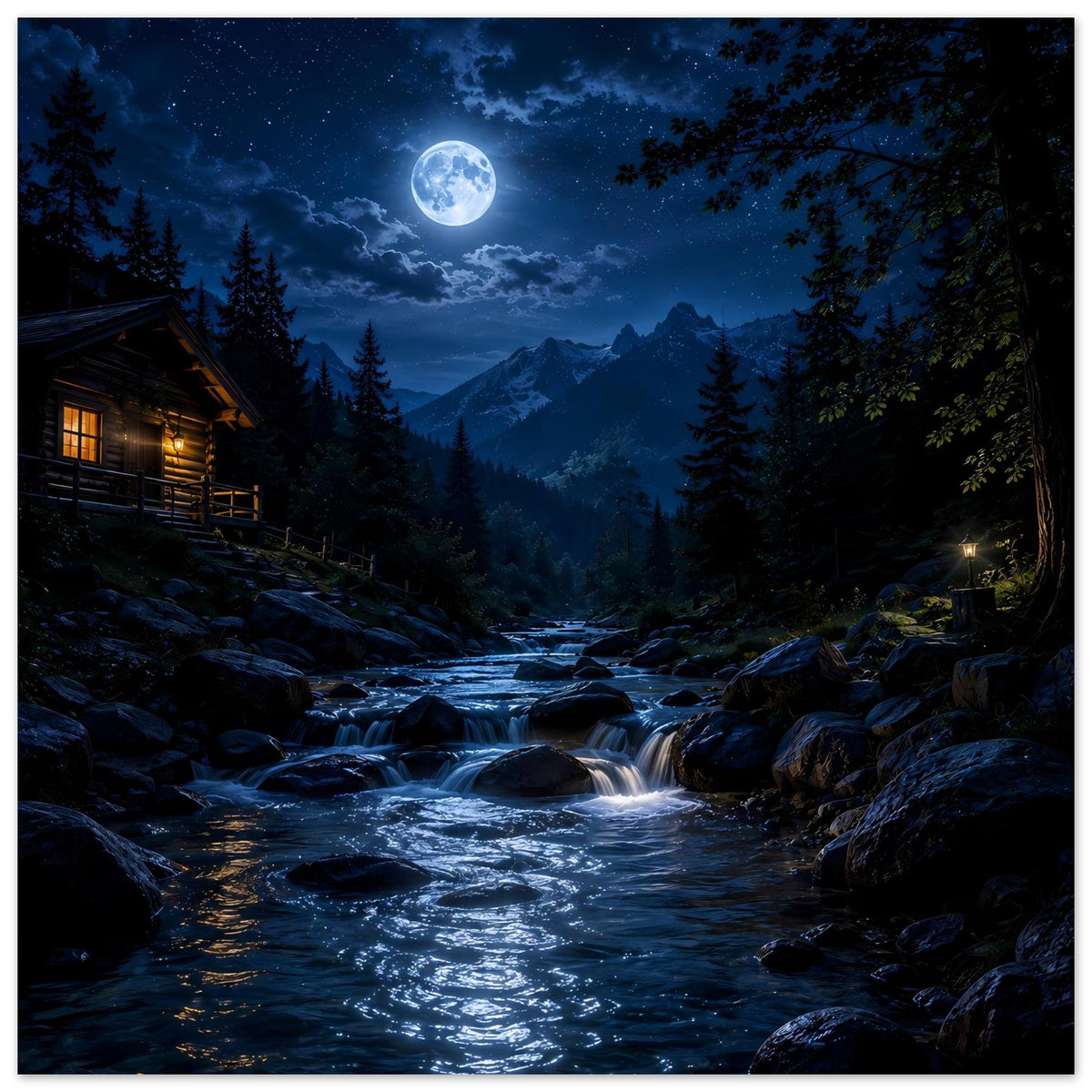 Horizontales Poster: Mond über Berglandschaft mit Gebirgsbach und Tannen