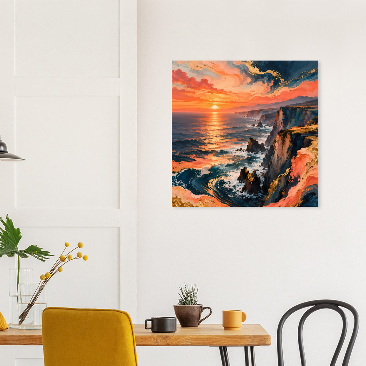 Wandposter mit Küstenlandschaft bei Sonnenuntergang, Meer, Klippen und bunten Himmelstönen