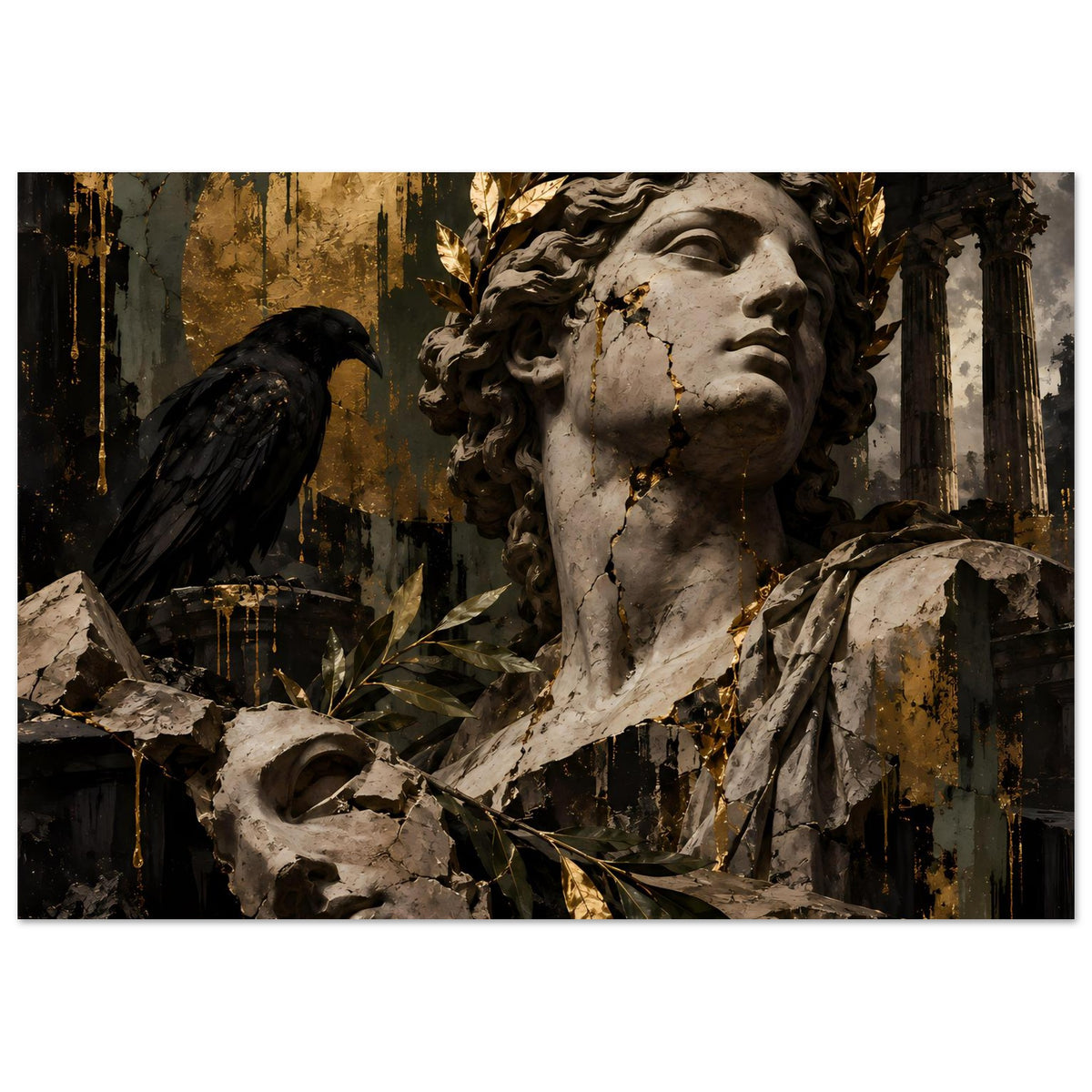 Barock inspiriertes Poster: Statue mit Lorbeerkranz und Rabe, goldene Spritzer im Stil