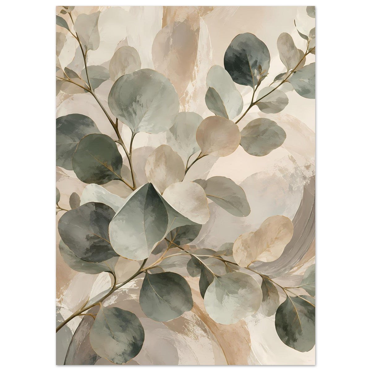 Botanisches Poster mit Aquarellblättern in Salbeigrün, Beige und dunklem Grün