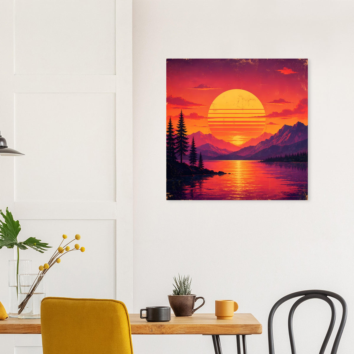 Poster mit Bergsee, Tannen und retro Sonne im Orange-Violett-Farbverlauf