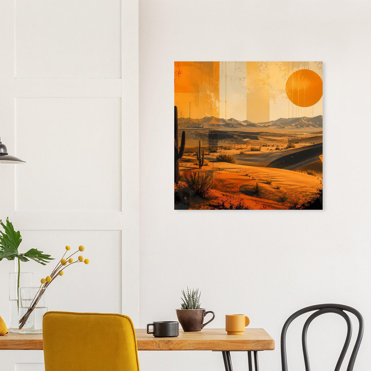 Retro-Wüstenposter mit orangefarbener Sonne über Sanddünen und Kakteen, quadratisch gerahmt