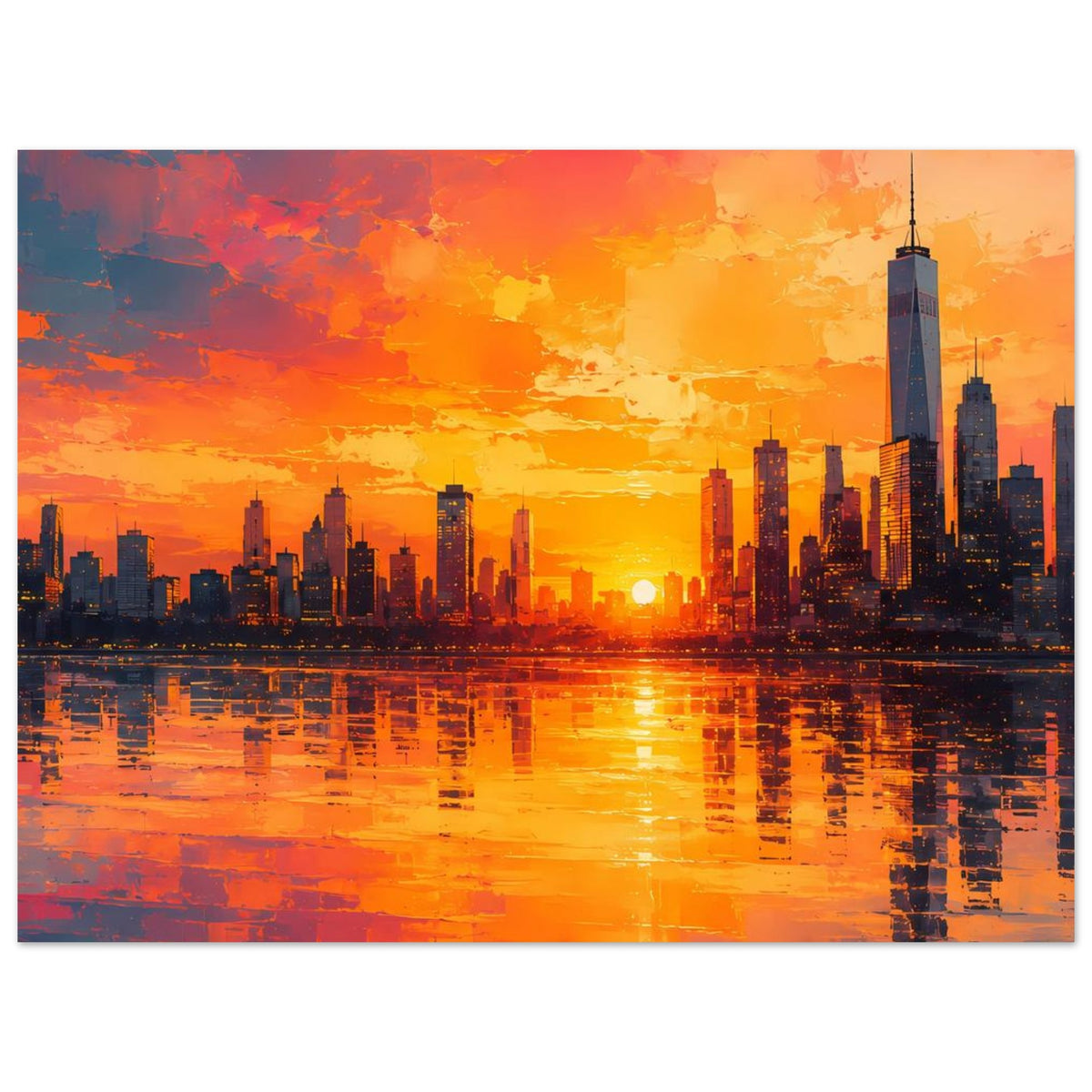 Querformat-Poster: Wolkenkratzer-Skyline bei Sonnenuntergang mit Wasserreflexion