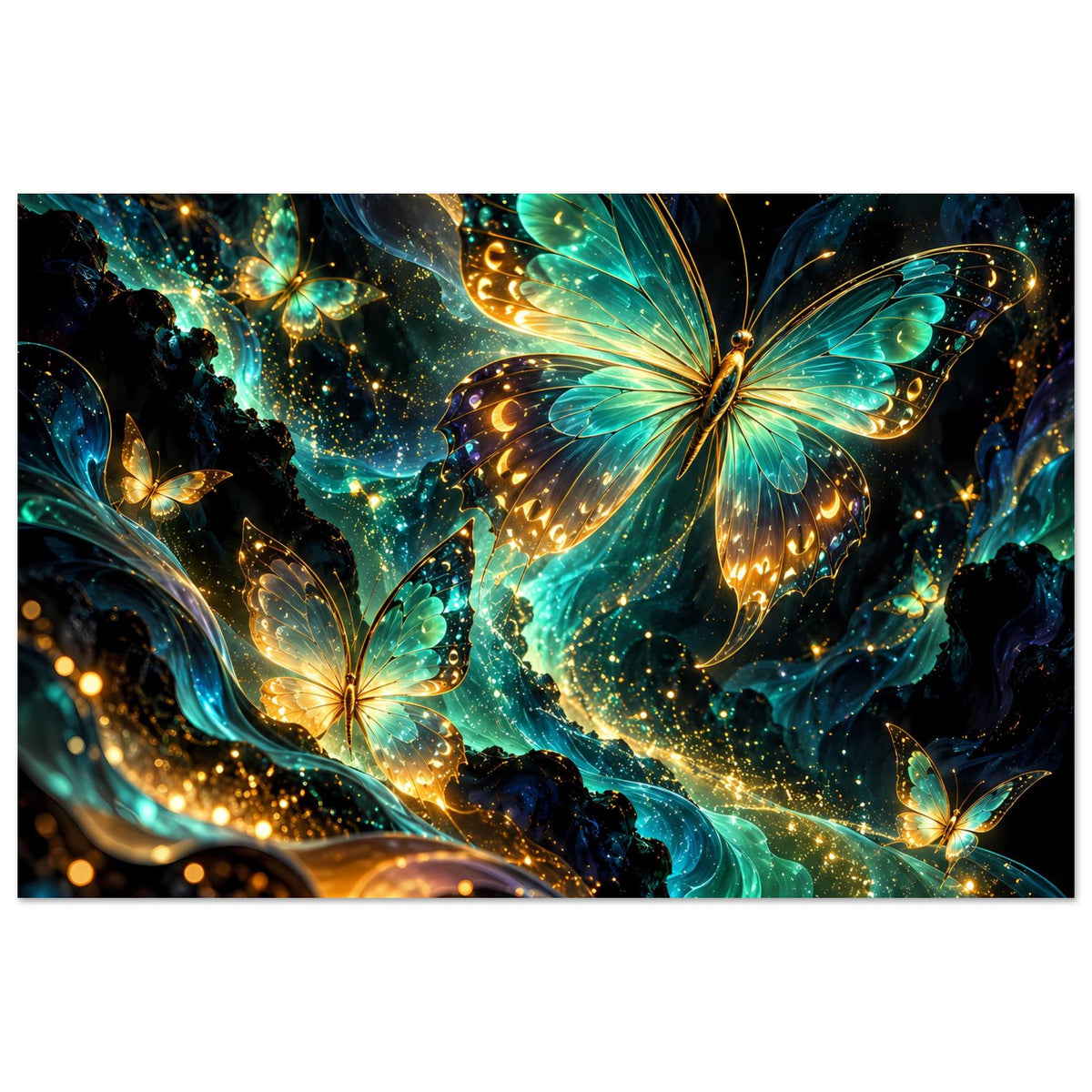 Schmetterlings-Poster mit mehreren goldenen Lichtpunkten und leuchtenden Flügeln in Blau und Türkis.