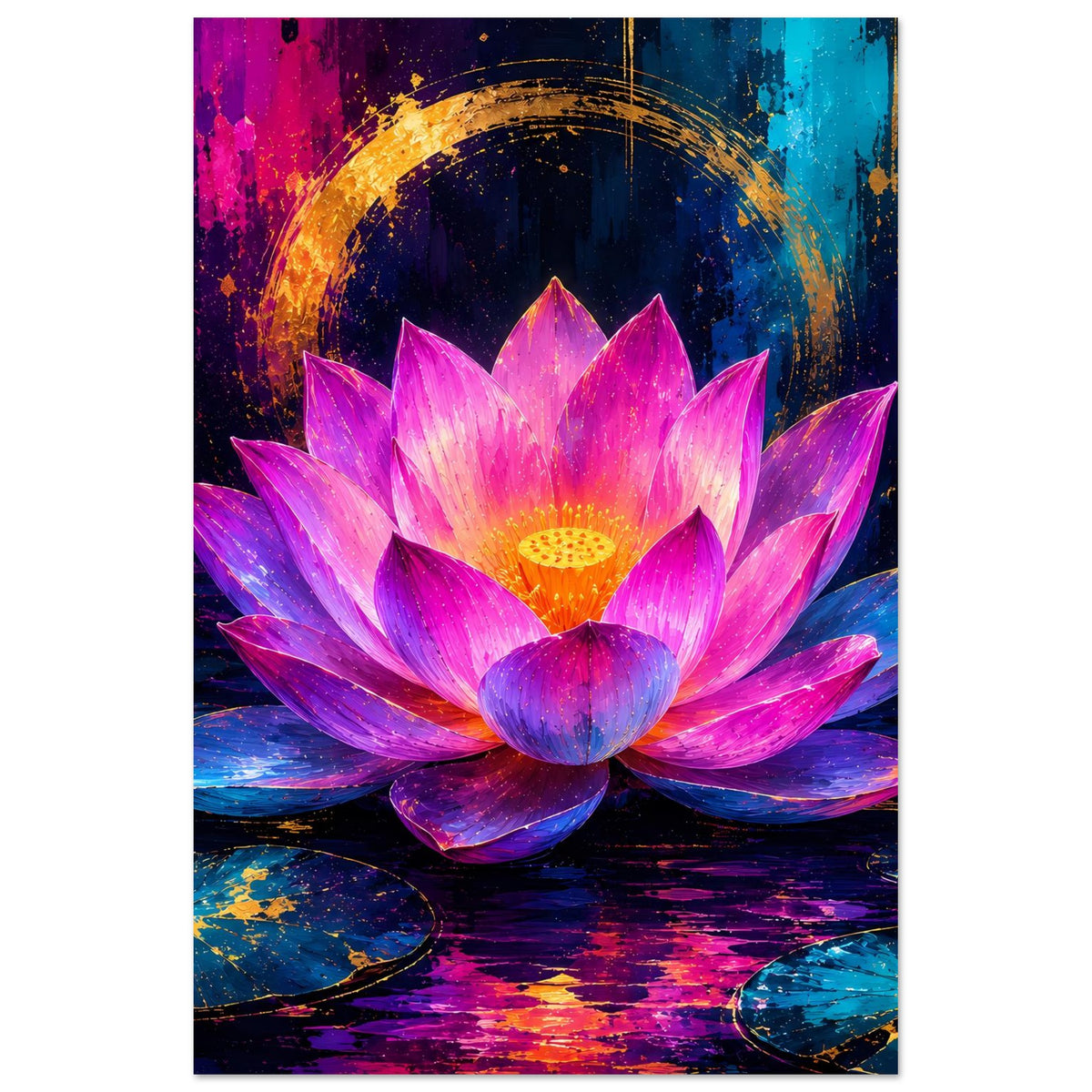 Vertikales Blumenposter mit großer Lotusblüte in Rosa/Violett und goldener Leuchtringmitte