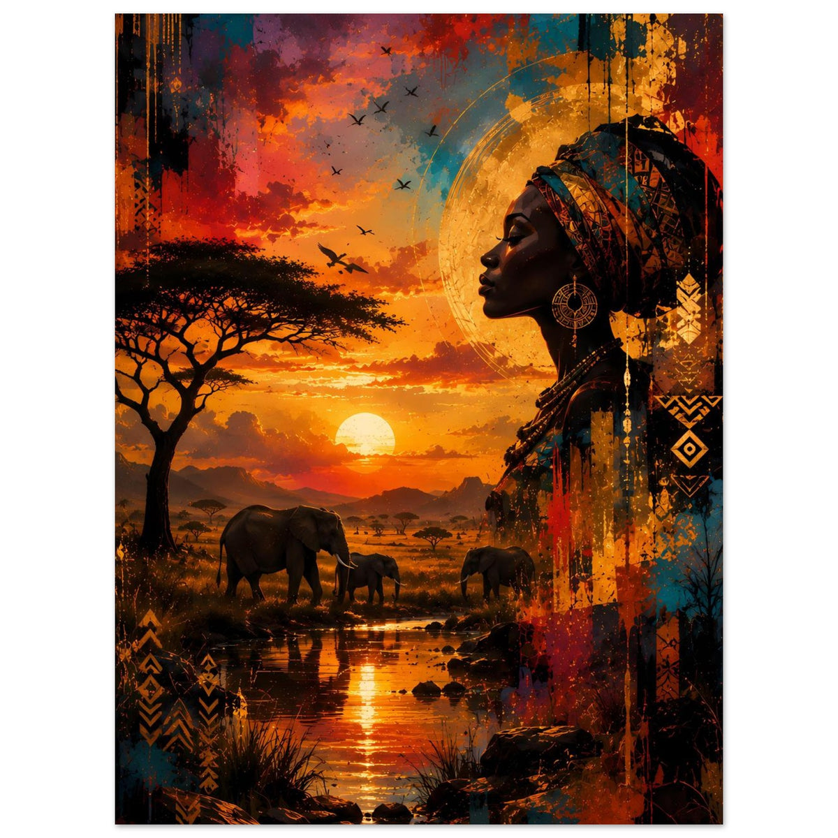 Poster: afrikanische Frau im Profil mit Kopftuch, Elefanten und Sonnenuntergang im Kunststil