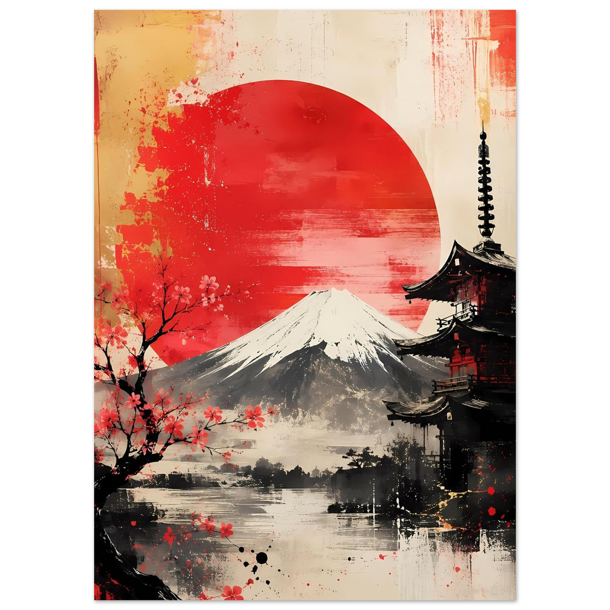 Kunstposter im Hochformat mit roter Sonne, Berg Fuji, Pagode rechts und Kirschblüten