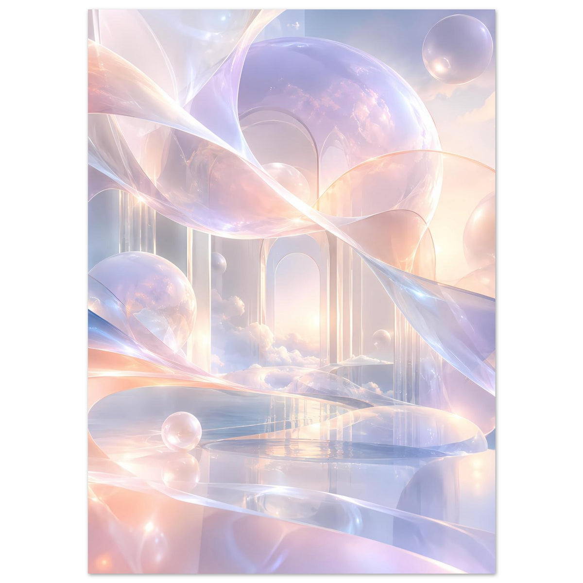Abstraktes Poster mit pastellfarbenem Fantasy-Motiv aus Säulen, Rundbögen und schwebenden Kugeln