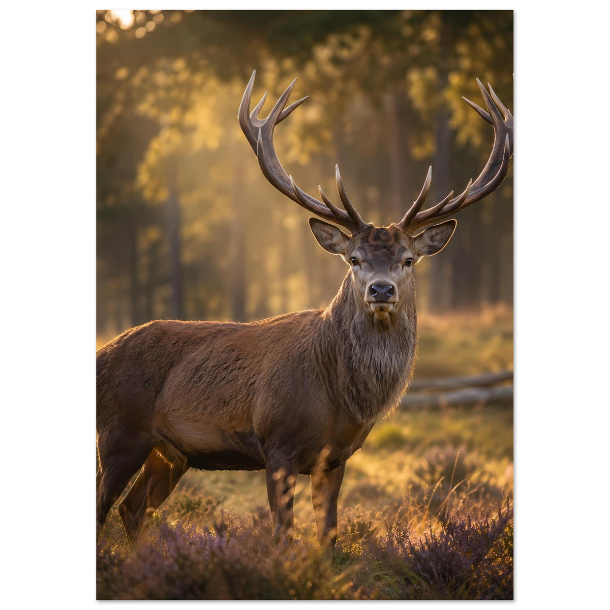 Hirsch-Wandposter, brauner Geweihhirsch im Wald mit Blick nach vorn