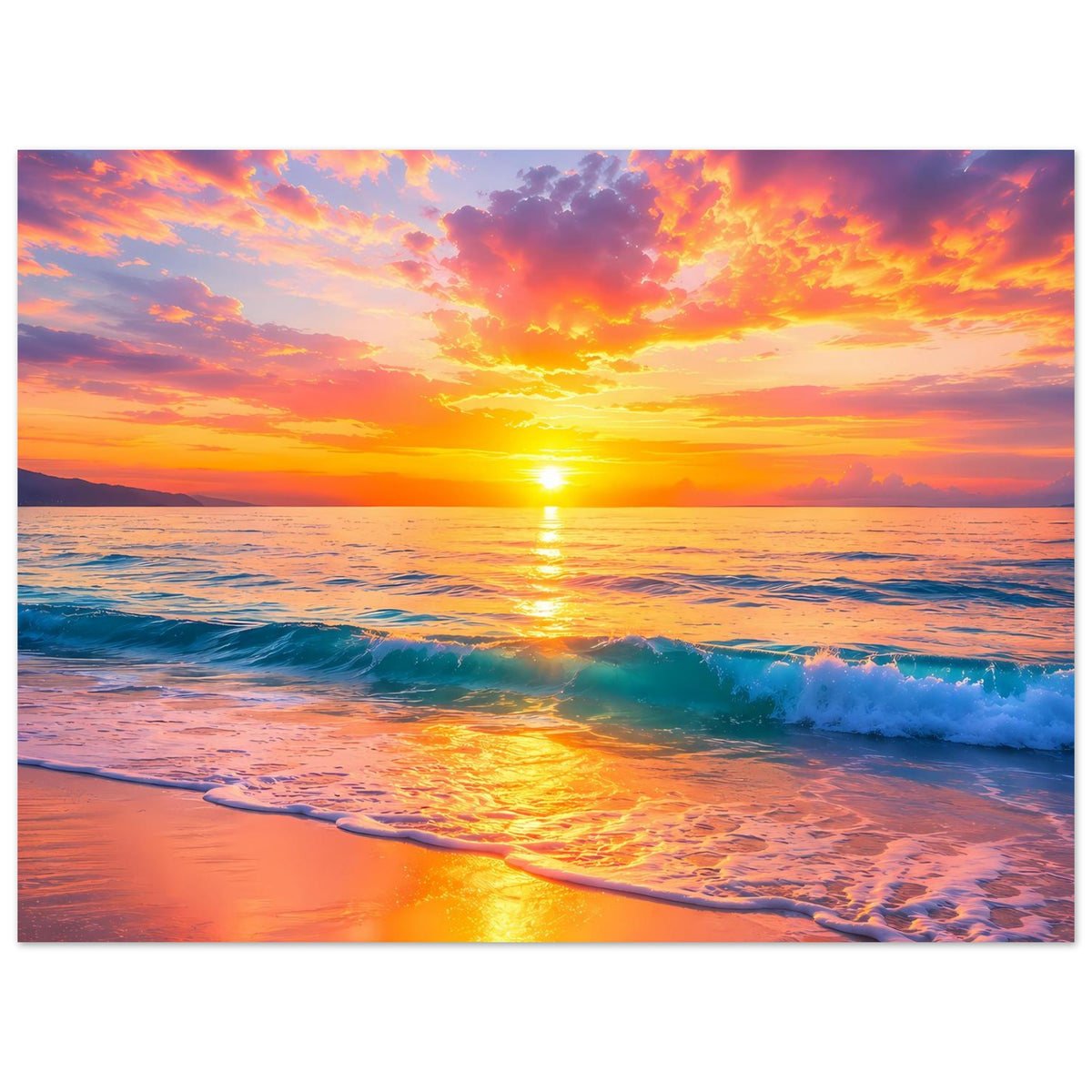 Sonnenuntergangs-Strandposter, horizontal: leuchtende Wolken und Sonnenreflex auf dem Meer