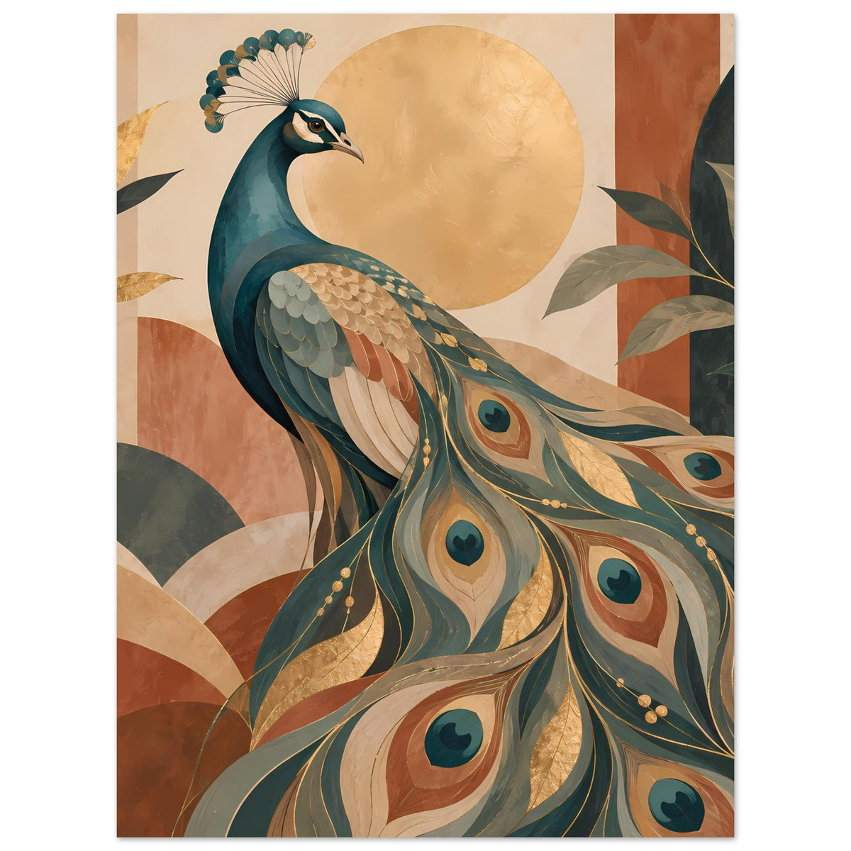 Pfau-Poster mit blaugrünem Vogelkopf und Pfauenfächer, goldene Punkte als Akzent