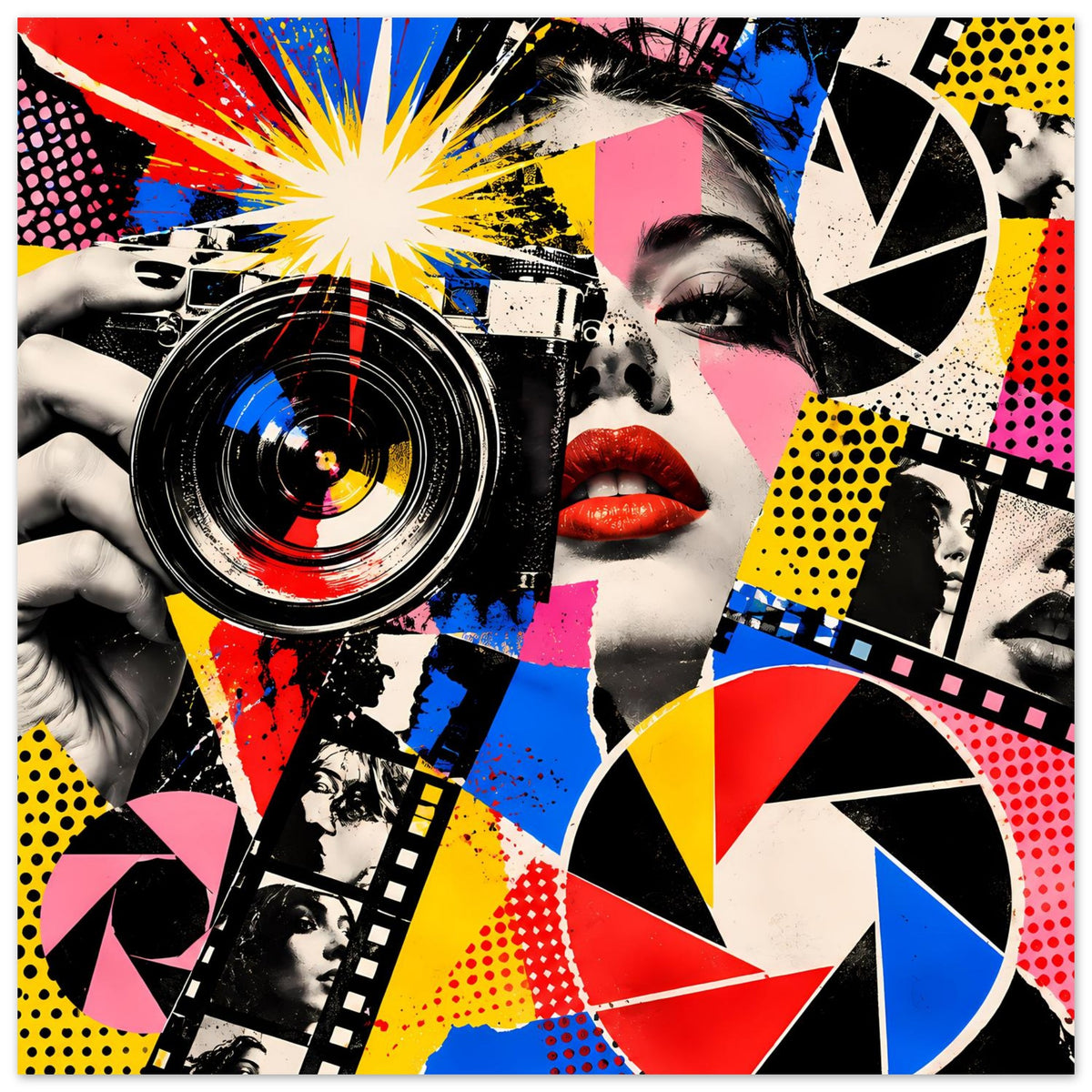 Quadratisches Pop-Art-Poster: Kamera auf der linken Seite, Frau mit roten Lippen und Muster