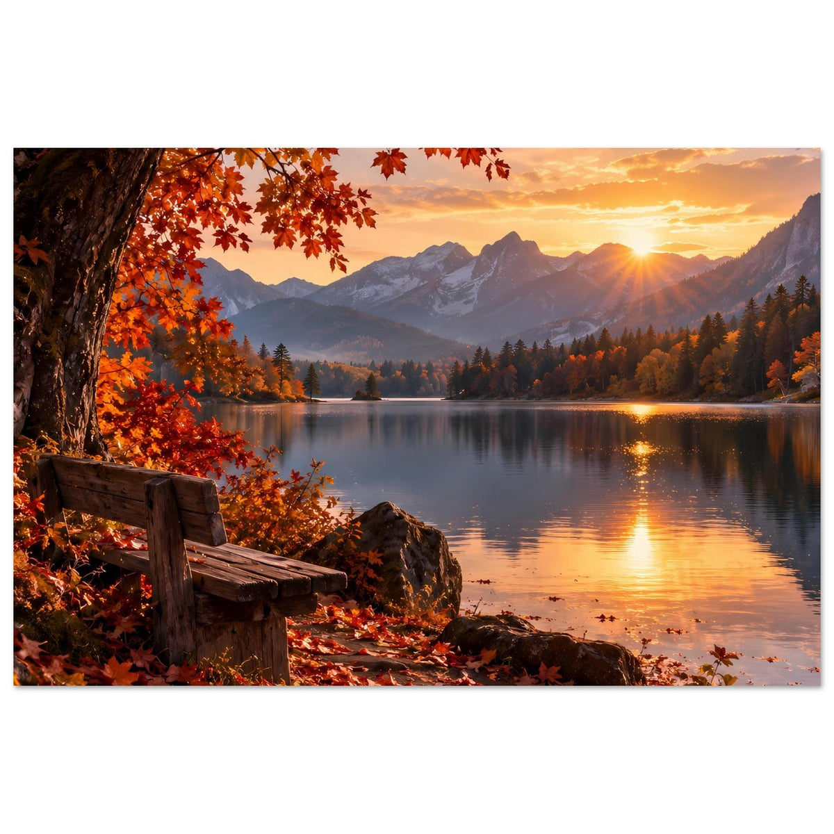 Herbst-Landschaftsposter: ruhiger See, Berglandschaft und Sonnenuntergang mit roten Blättern