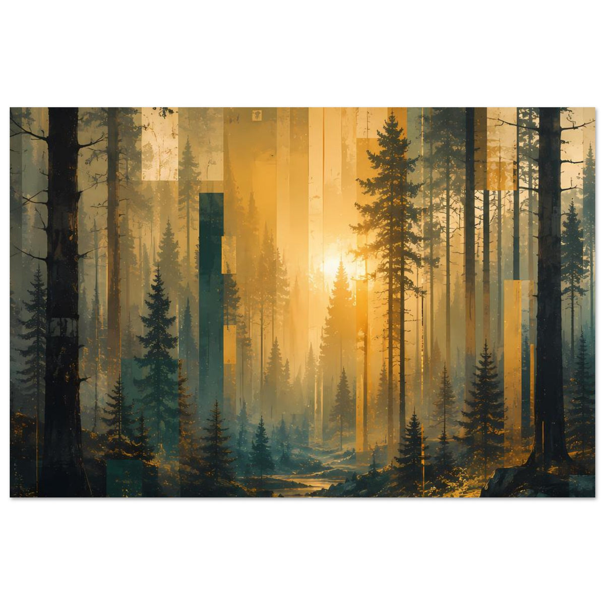 Waldlandschafts-Poster mit Sonnenaufgang über Fichten und spiegelndem Wasser im Vordergrund