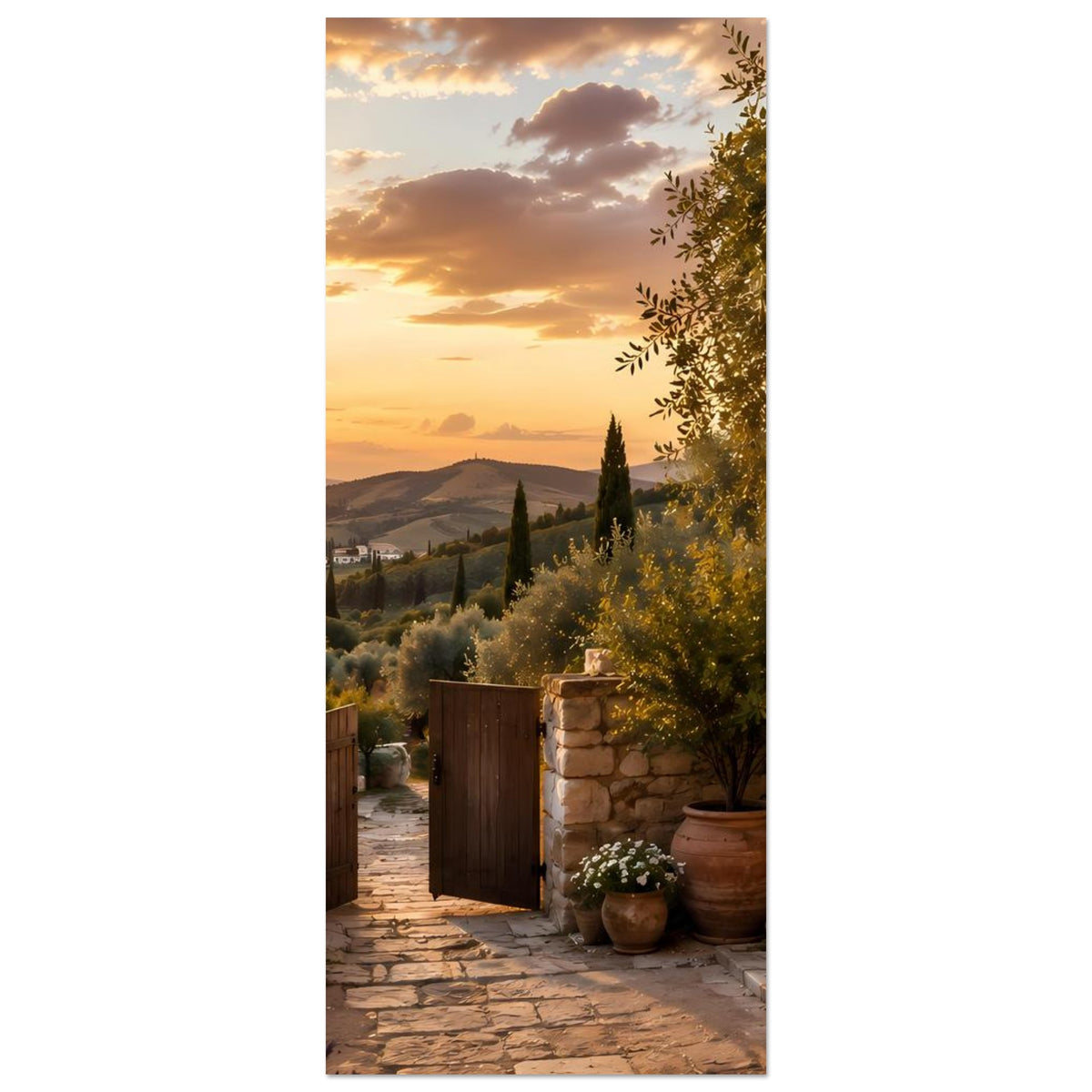 Hochformatiges Tuscan-Landschafts-Poster mit Terrassenweg, Gartentür und Olivenzweigen