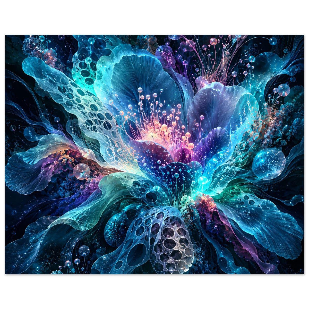 Leuchtendes digitales Blumenposter mit hellen Blütensternen und blau-violettem Glanz