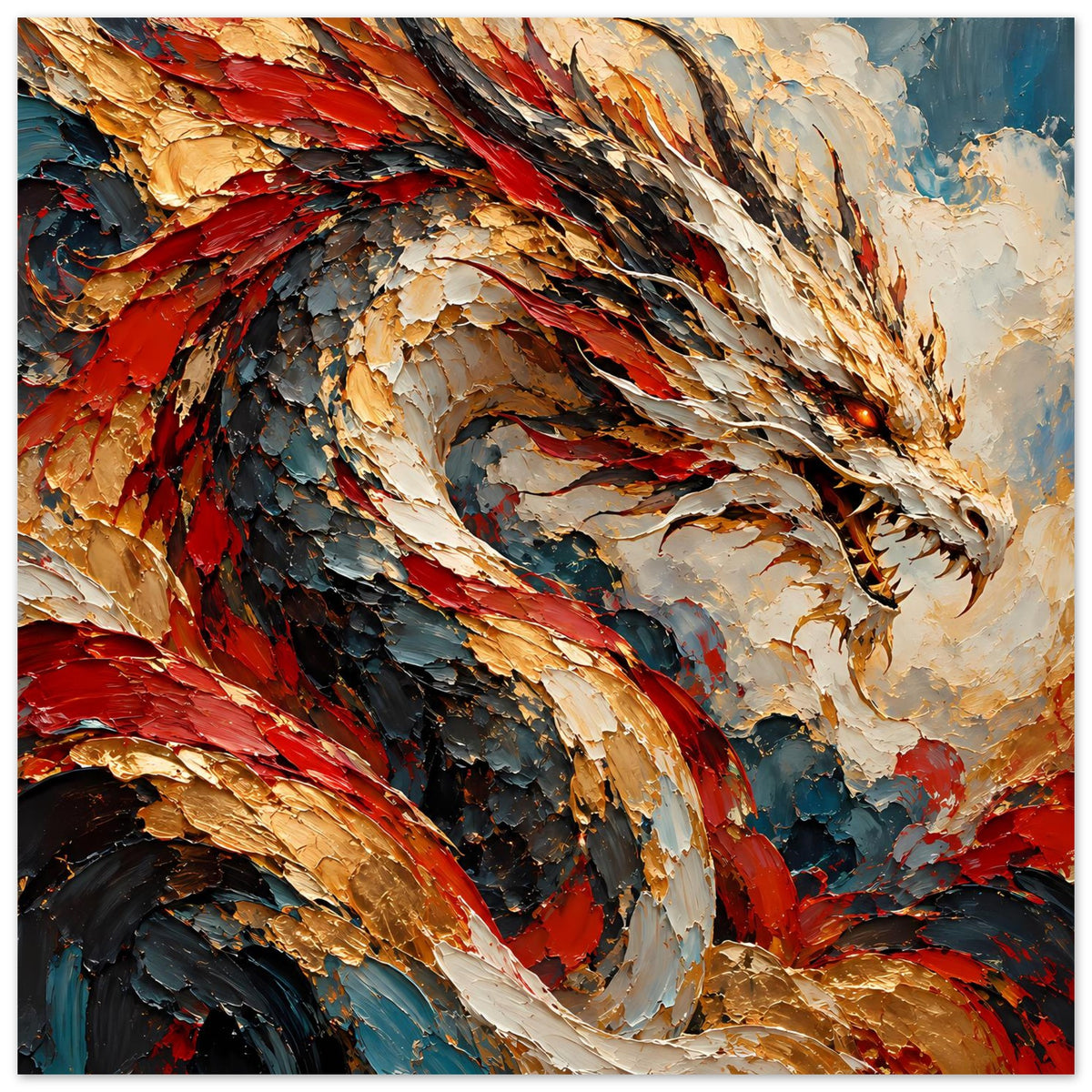 Fantasy-Poster: Drachenkopf mit spitzen Schuppen, roter und goldener Flügelfedern im Nahdetail