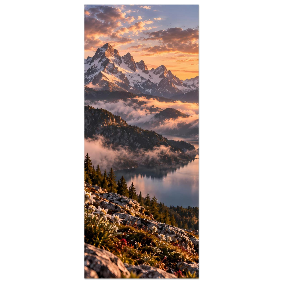 Vertikales Poster mit Alpengebirge, ruhigem See und warmem Sonnenuntergang