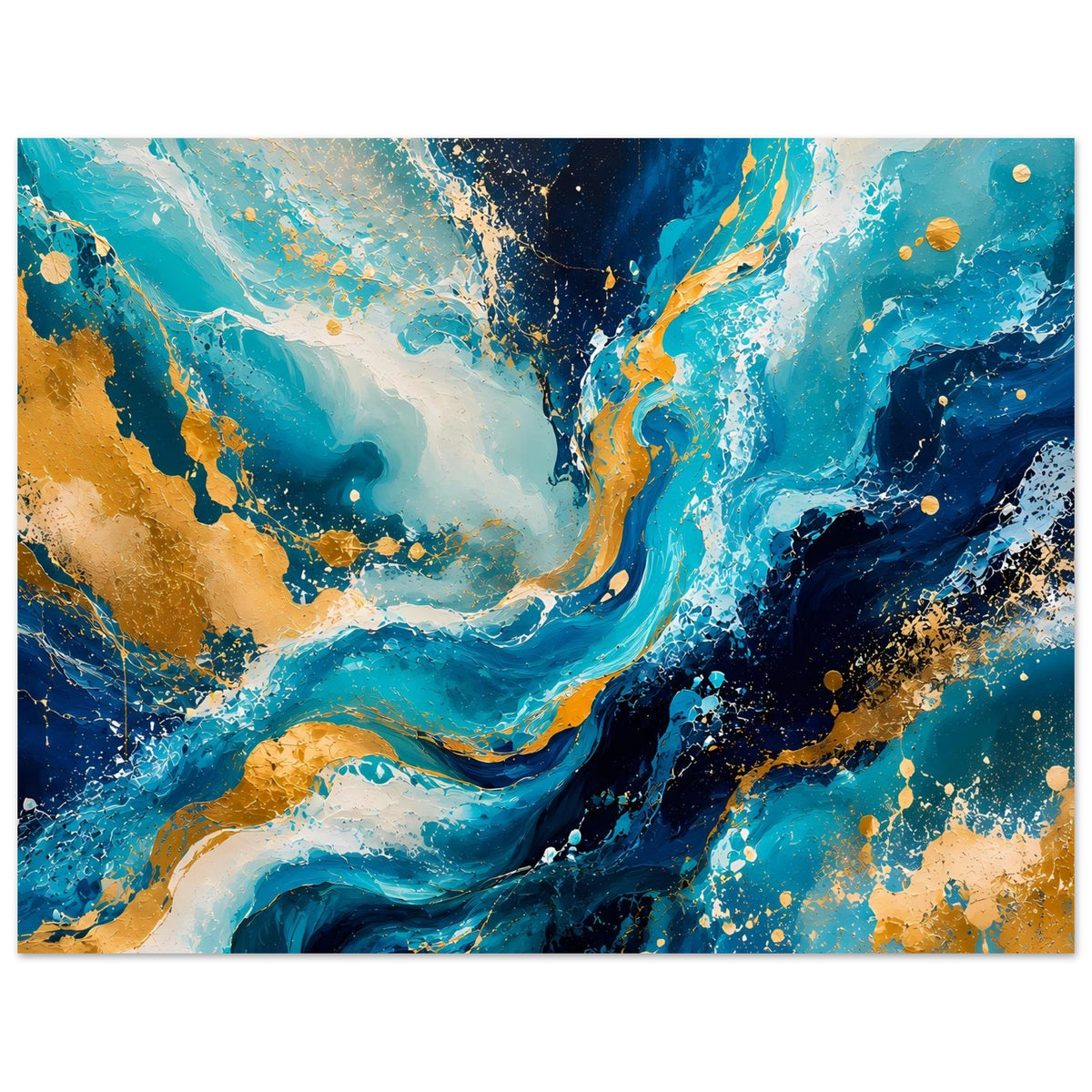 Abstraktes Kunstposter horizontal mit Blau-Gold-Marmorierung, Spritzern und hellen Wellenflächen