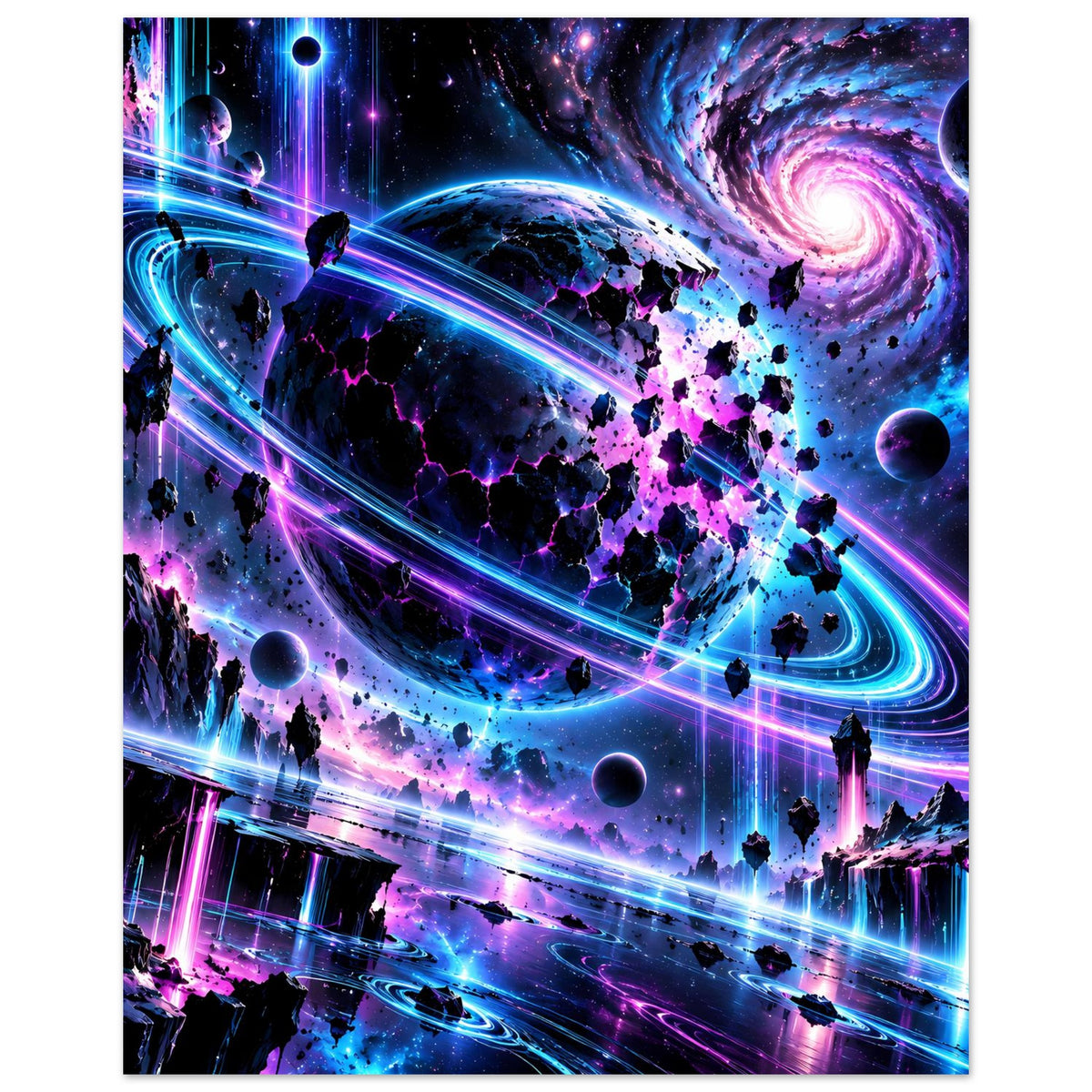 Neon-Galaxie-Poster mit Raumschiff auf Lichtbahn, Spiralnebel, Planeten und lila Partikeln