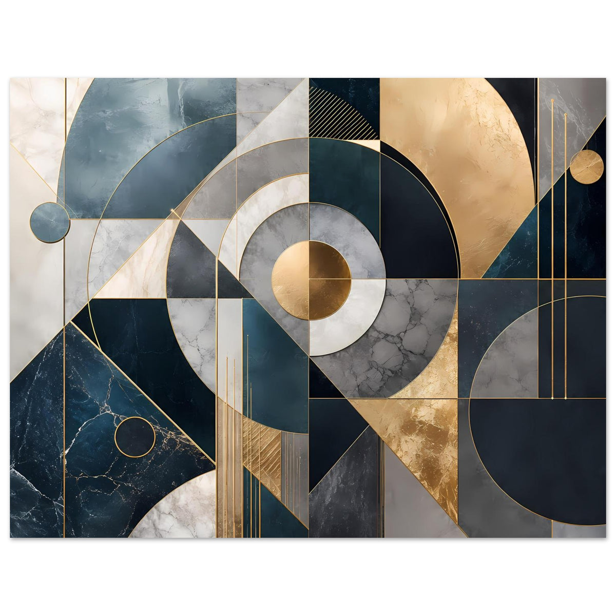 Geometrisches Kunstposter im Querformat: abstrakte Kreise, Streifen und Goldakzente in Blau