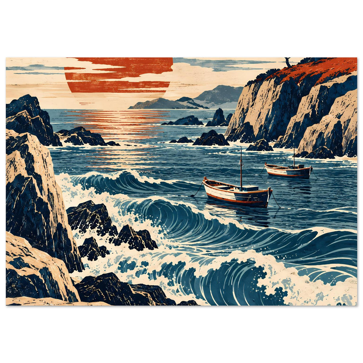 Meerblick-Poster im Querformat: türkisfarbene Wellen, Felsenküste, Segelboot und roter Himmelsschein