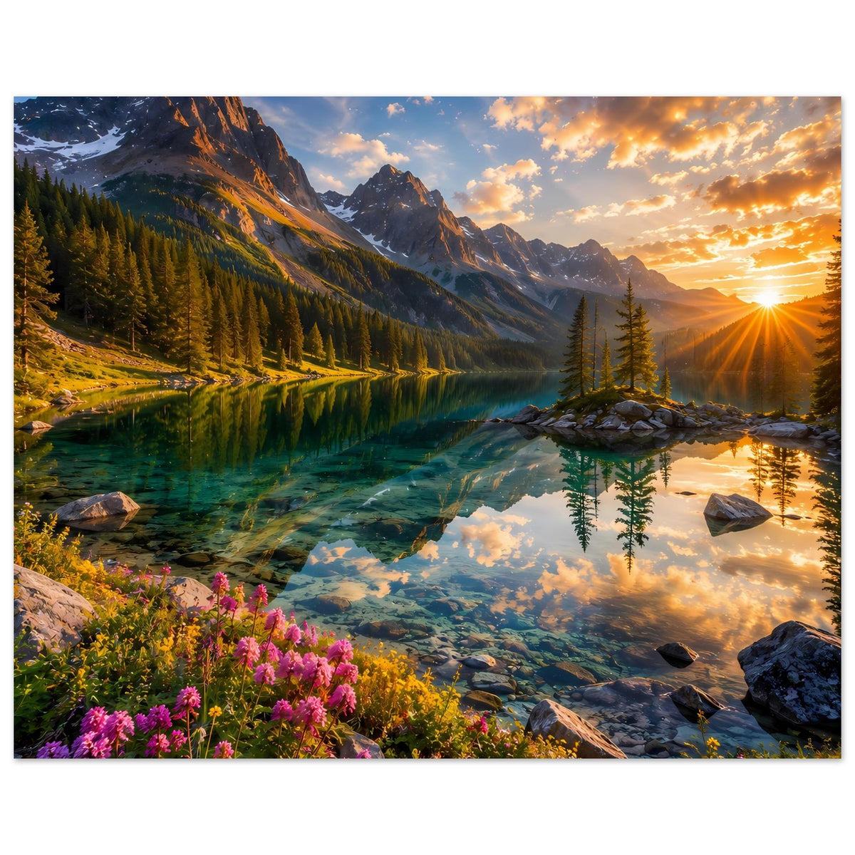 Horizontales Poster: Bergsee mit spiegelnder Landschaft, Fichten und violetten Blüten bei Sonne