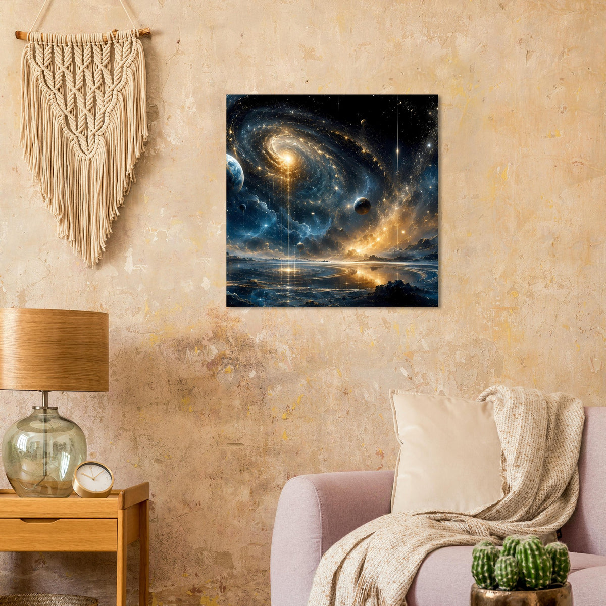 Wandposter mit Spiralgalaxie, Sternen und dunklen Planeten über Wasserblick