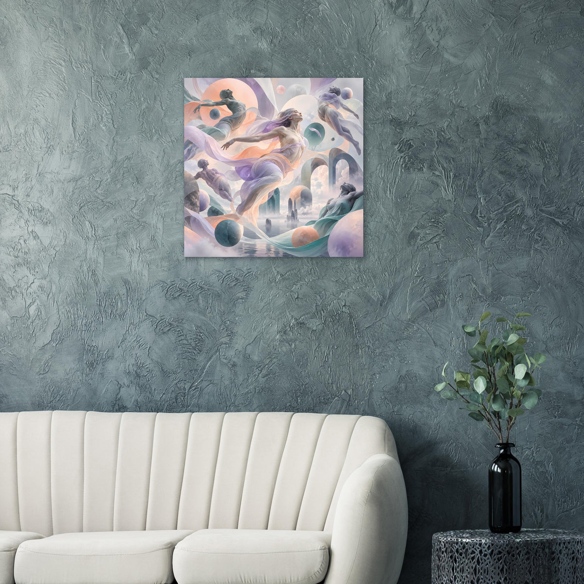 Quadratischer Kunstdruck mit tänzerischen Figuren und Fantasiehimmel in Pastellfarben
