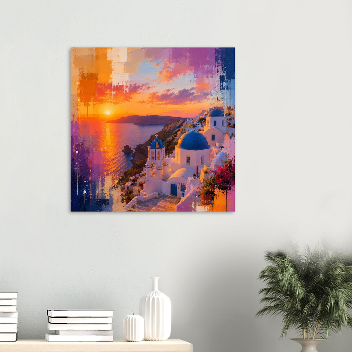 Kunstposter mit Santorini-Sonnenuntergang, orangefarbenem Himmel, blauem Meer und weißen Häusern.
