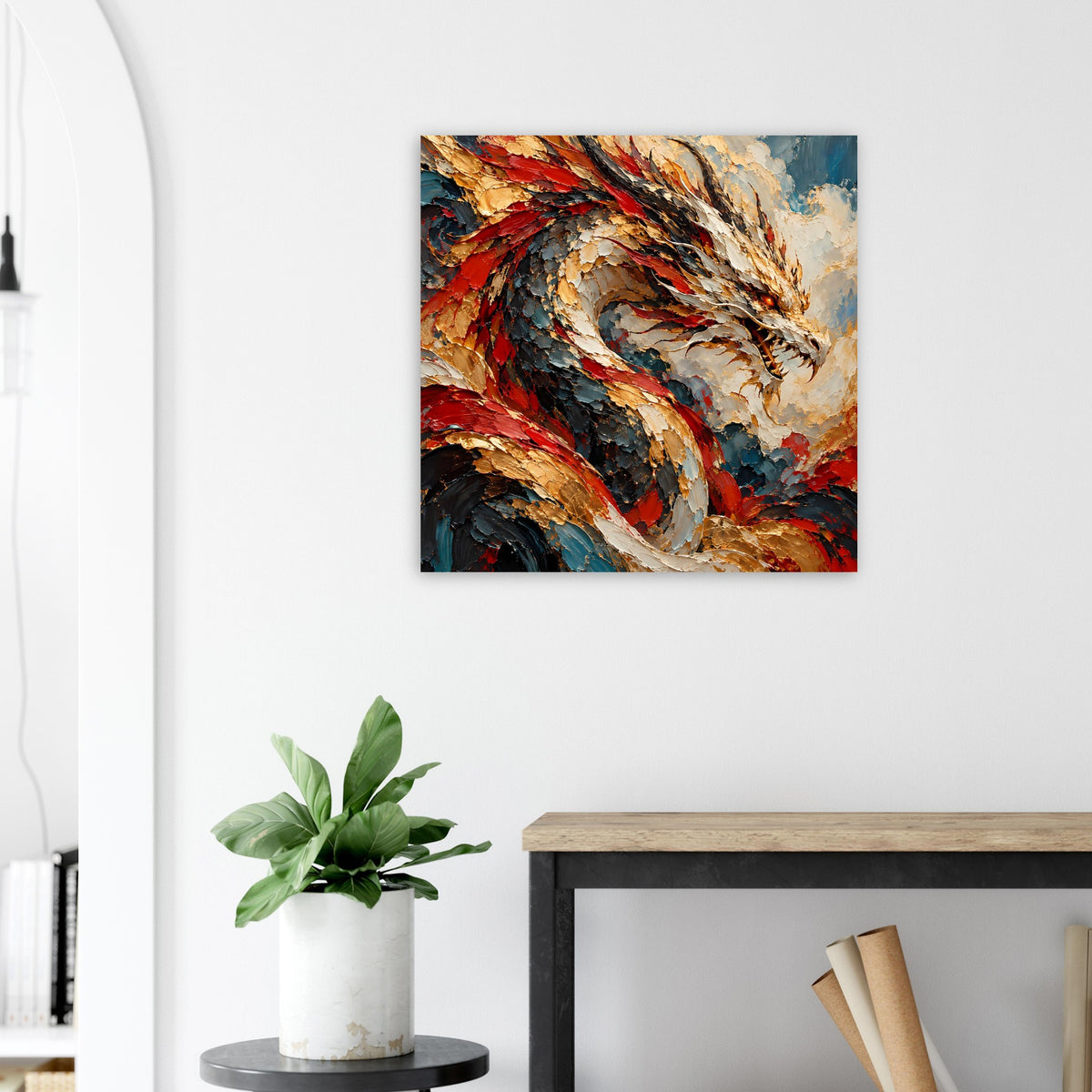 Drachen-Fantasyposter in Rot, Gold und Blau, zentral ausgerichtet