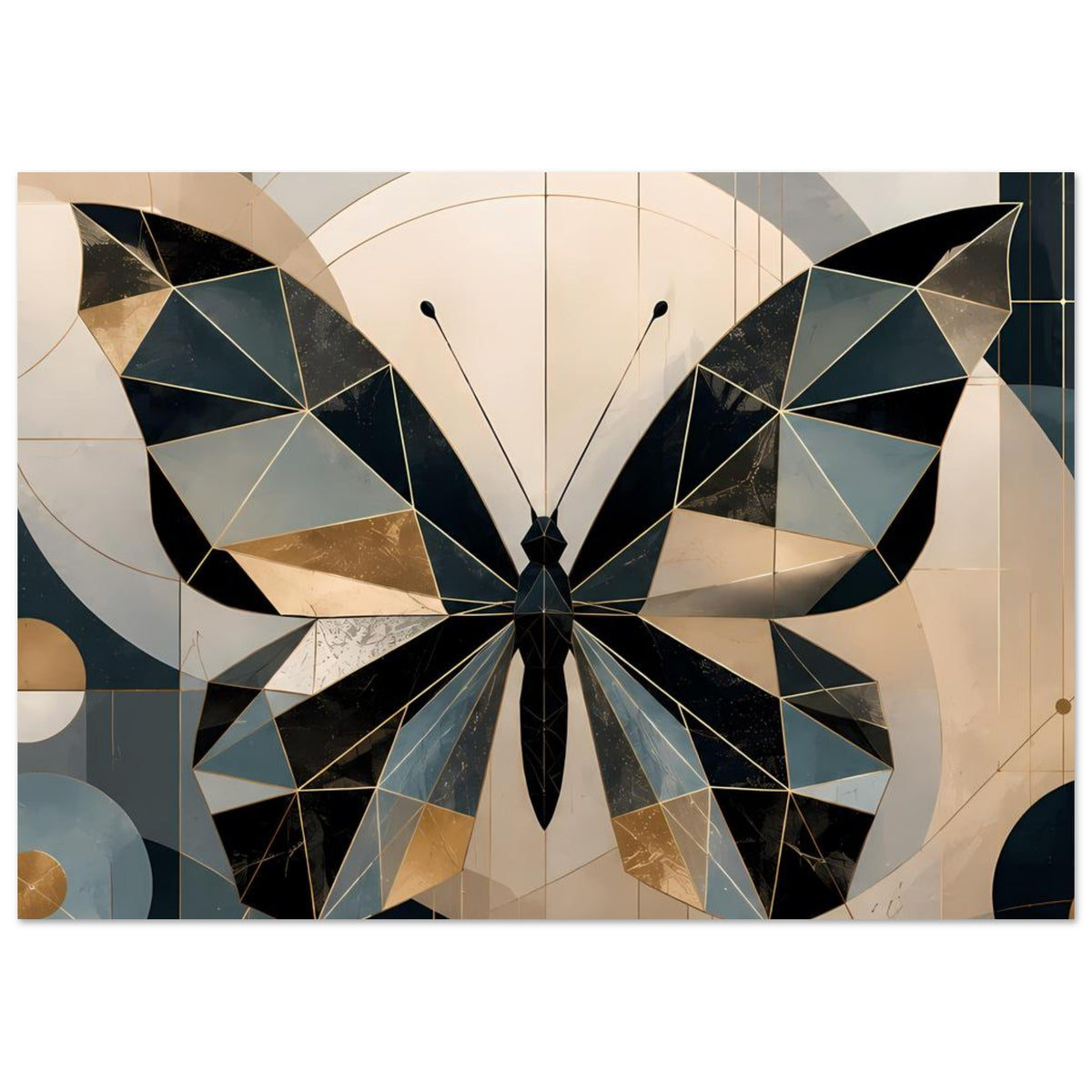 Poster im Querformat mit geometrischem Schmetterling aus petrolfarbenen und goldenen Flächen