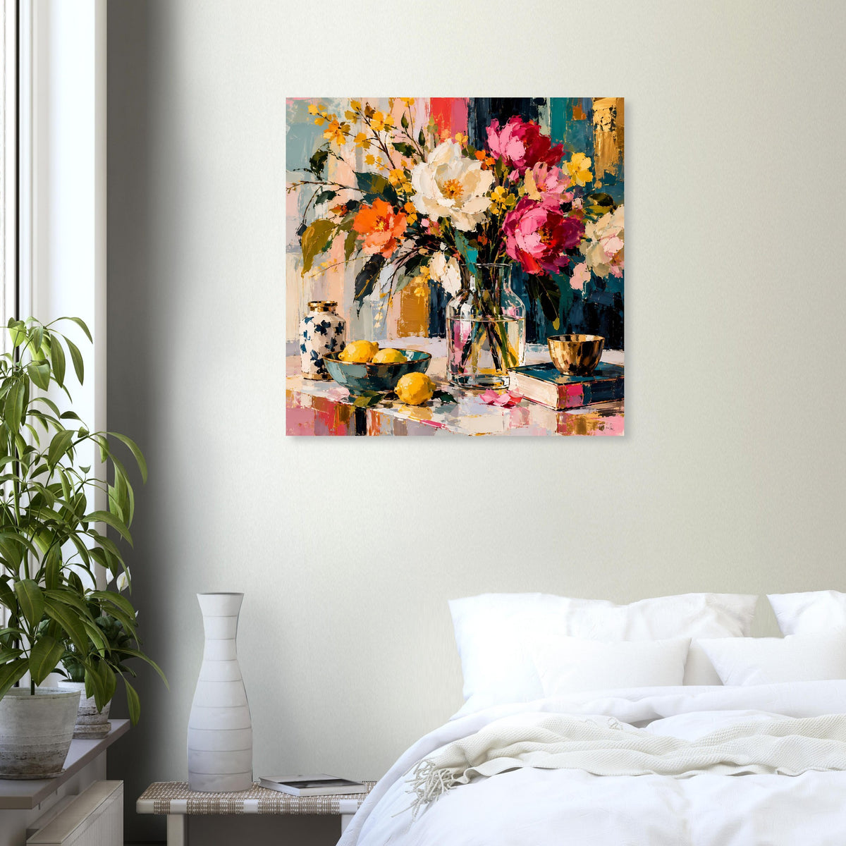 Buntes Floral-Stillleben-Poster im Rahmen über dem Bett an heller Wand