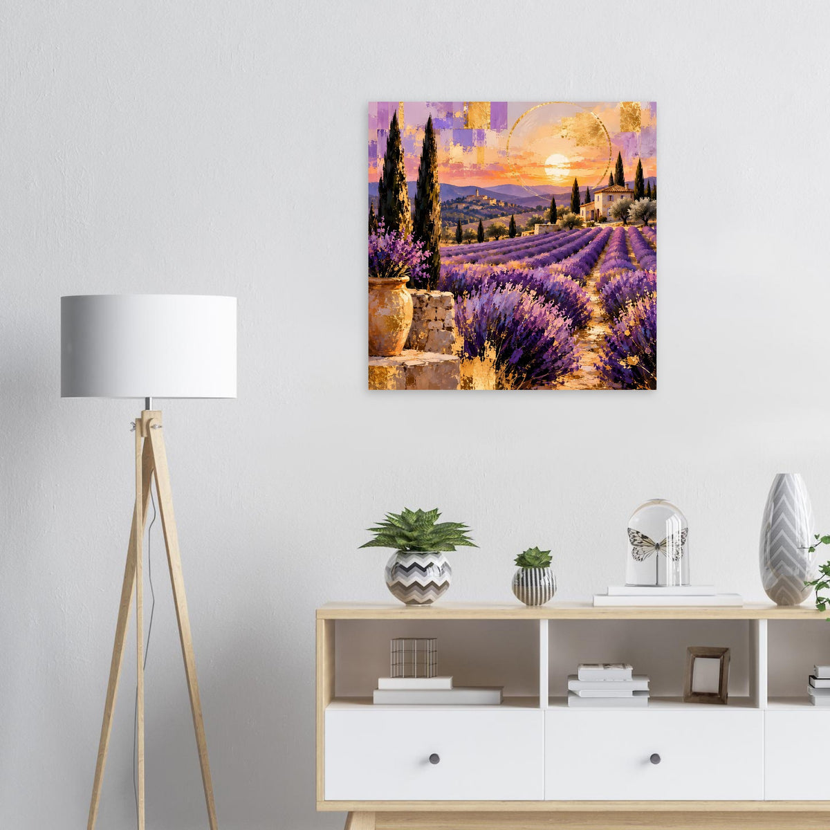 Wandposter mit Sonnenuntergang, Lavendelfeldern und schmalen Zypressen