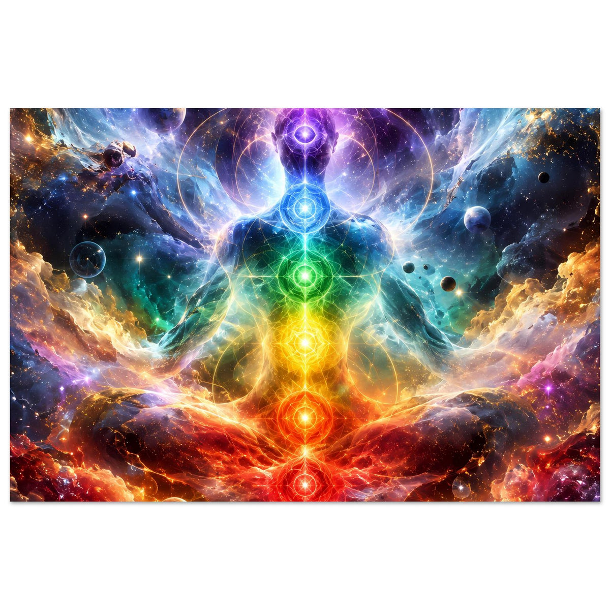 Meditationsposter mit leuchtender Energieachse, farbiger Chakra-Optik und Planeten im Hintergrund