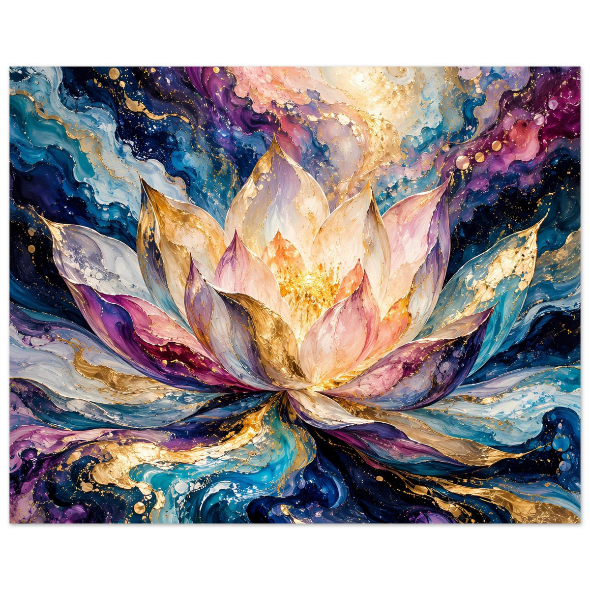 Blumenposter im Querformat: leuchtende Lotusblüte mit Goldakzenten und bunten Strukturen