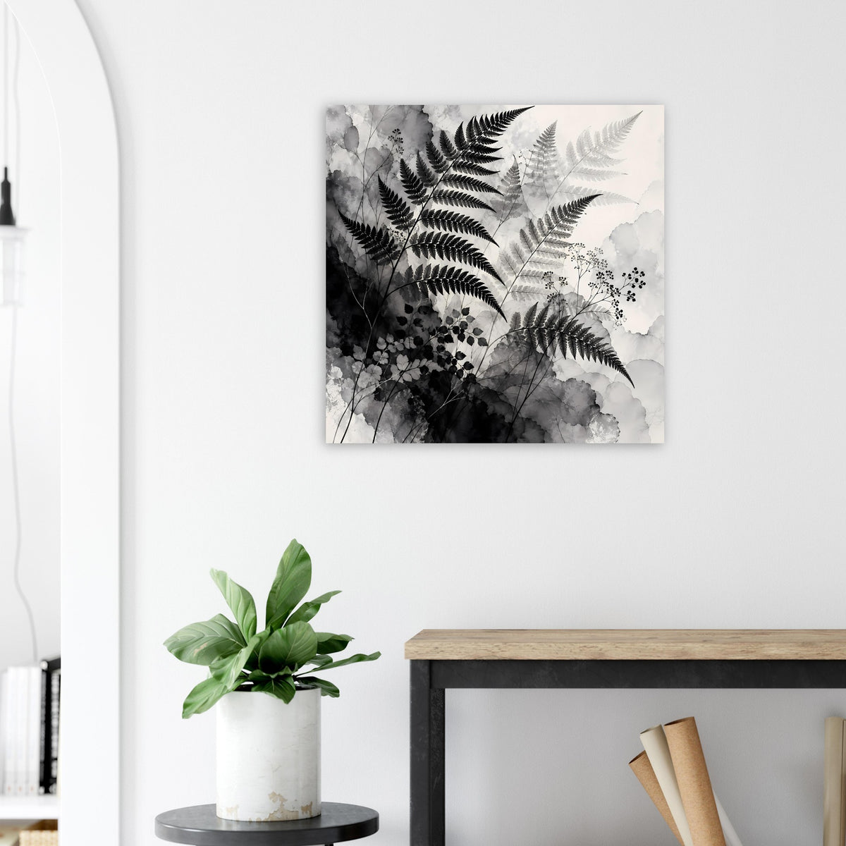 Quadratisches Schwarz-Weiß-Poster mit Farnwedeln und Blüten, minimalistischer Look