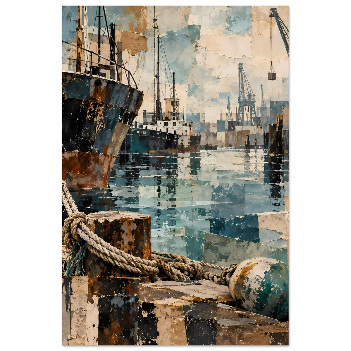 Maritimes Poster im Hochformat: Hafenbecken mit Kränen, Schiffskante und Seil im Vordergrund.