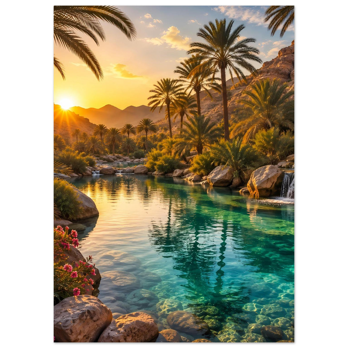 Tropen-Poster im Hochformat mit Sonnenuntergang, Palmen, türkisfarbenem Wasser und Steinen