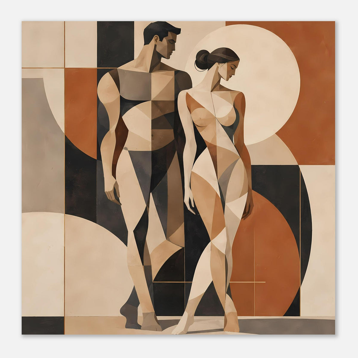 Kunstposter mit geometrischen Aktfiguren eines Paares in Erdtönen, Hochformat