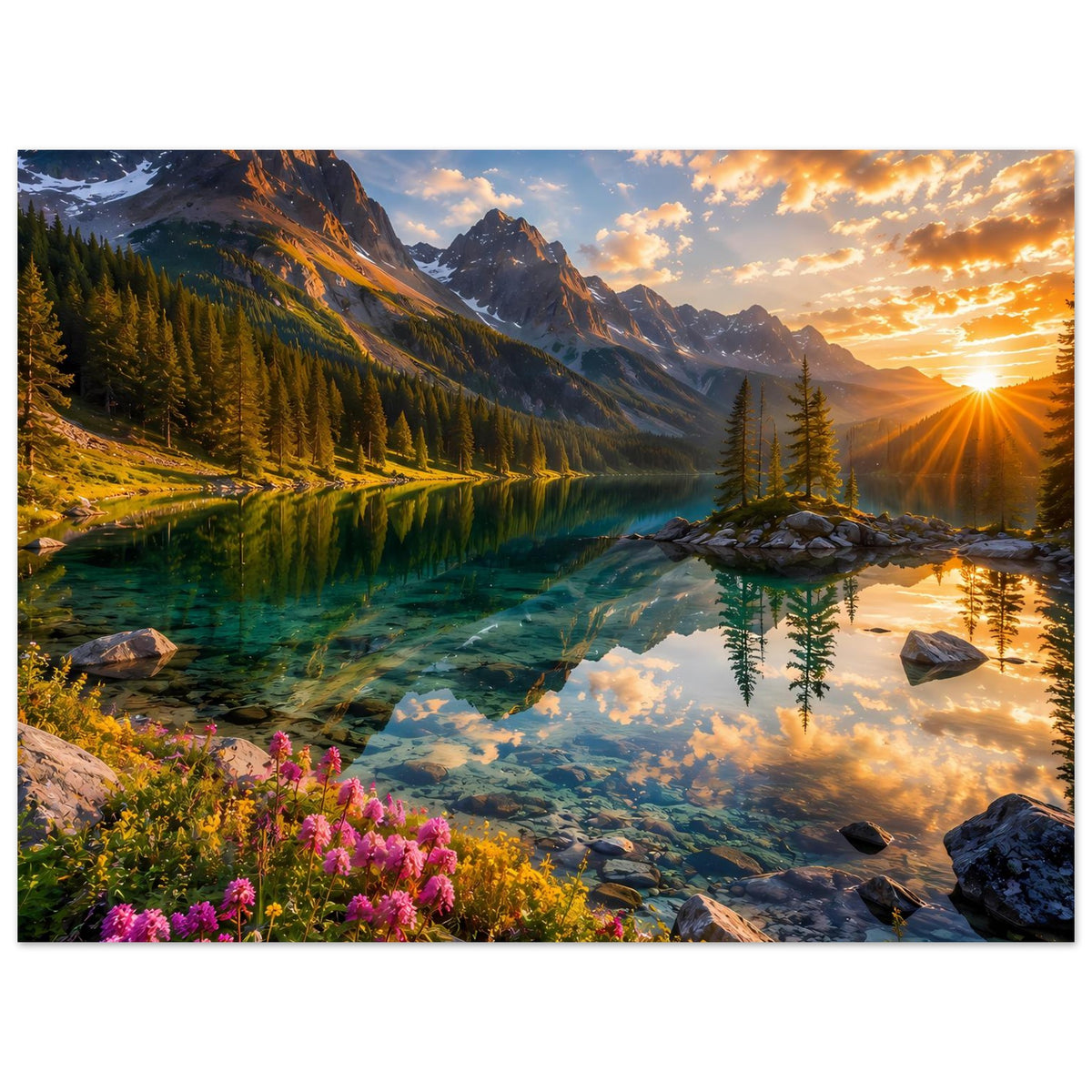 Landschaftsposter mit Bergsee und Sonnenaufgang, Tanne in der Bildmitte, Fels und Wald