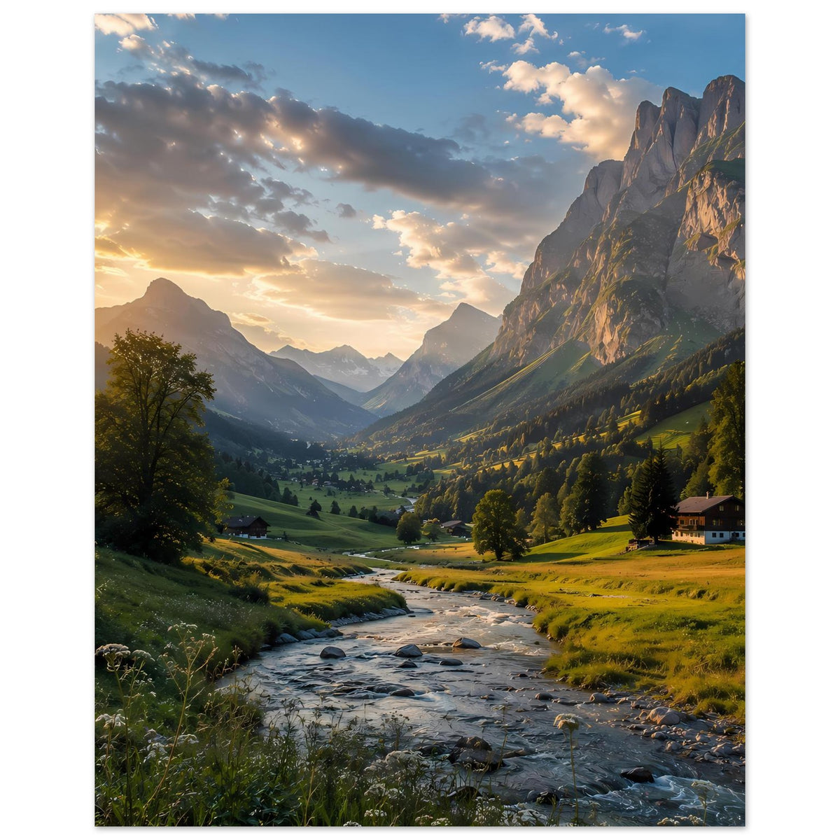 Alpenposter mit Flusstal und goldenen Sonnenstrahlen zwischen Bergen, hochformat