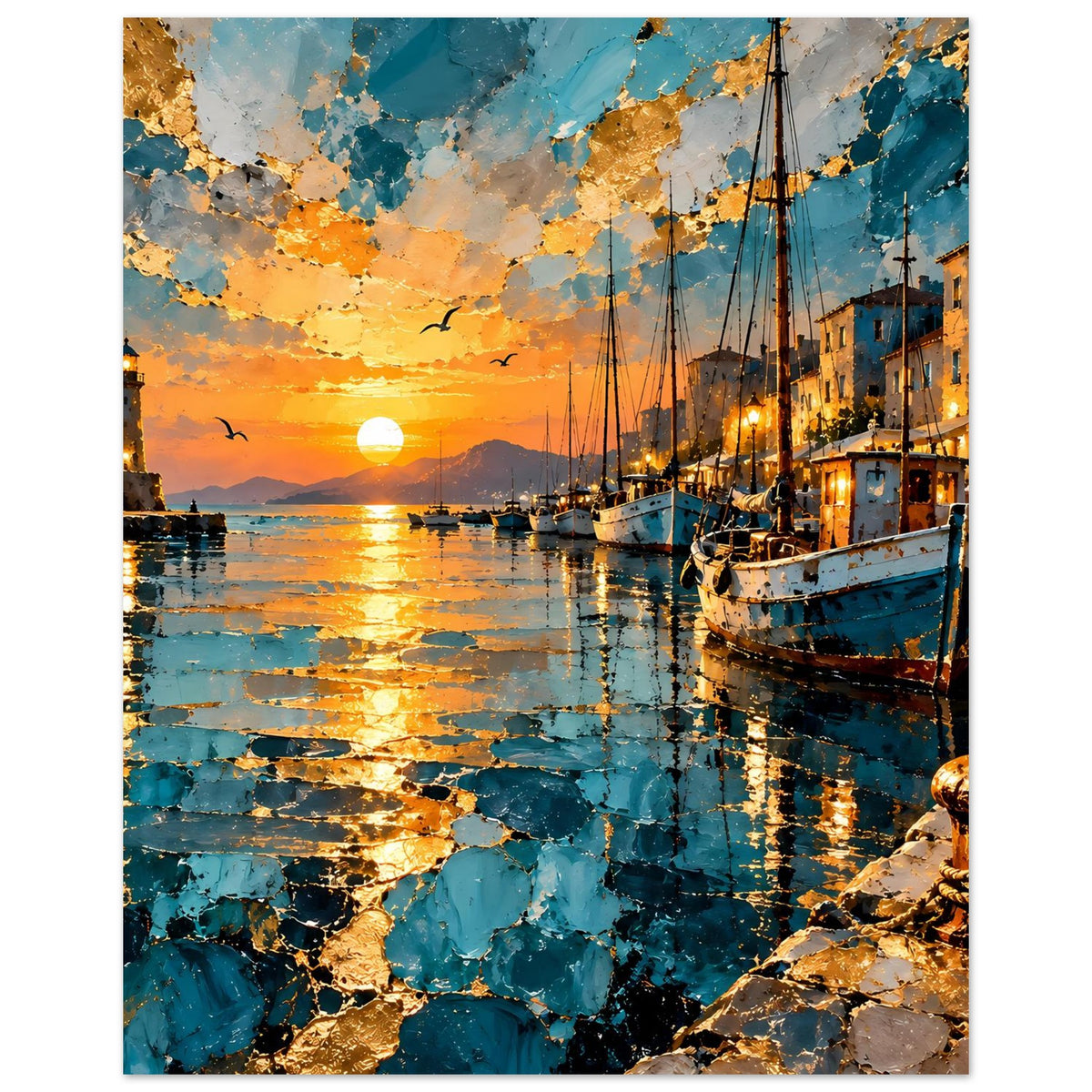 Vertikales Poster mit Hafen bei Sonnenuntergang: Segelboot rechts, Leuchtturm links, goldene Sonne.
